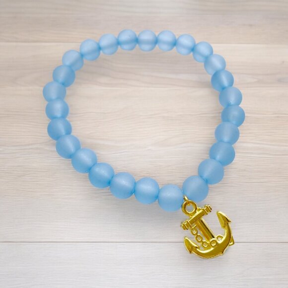 HANDMADE Blue frosted beaded bracelet with gold anchor charm - Picture 1 of 6